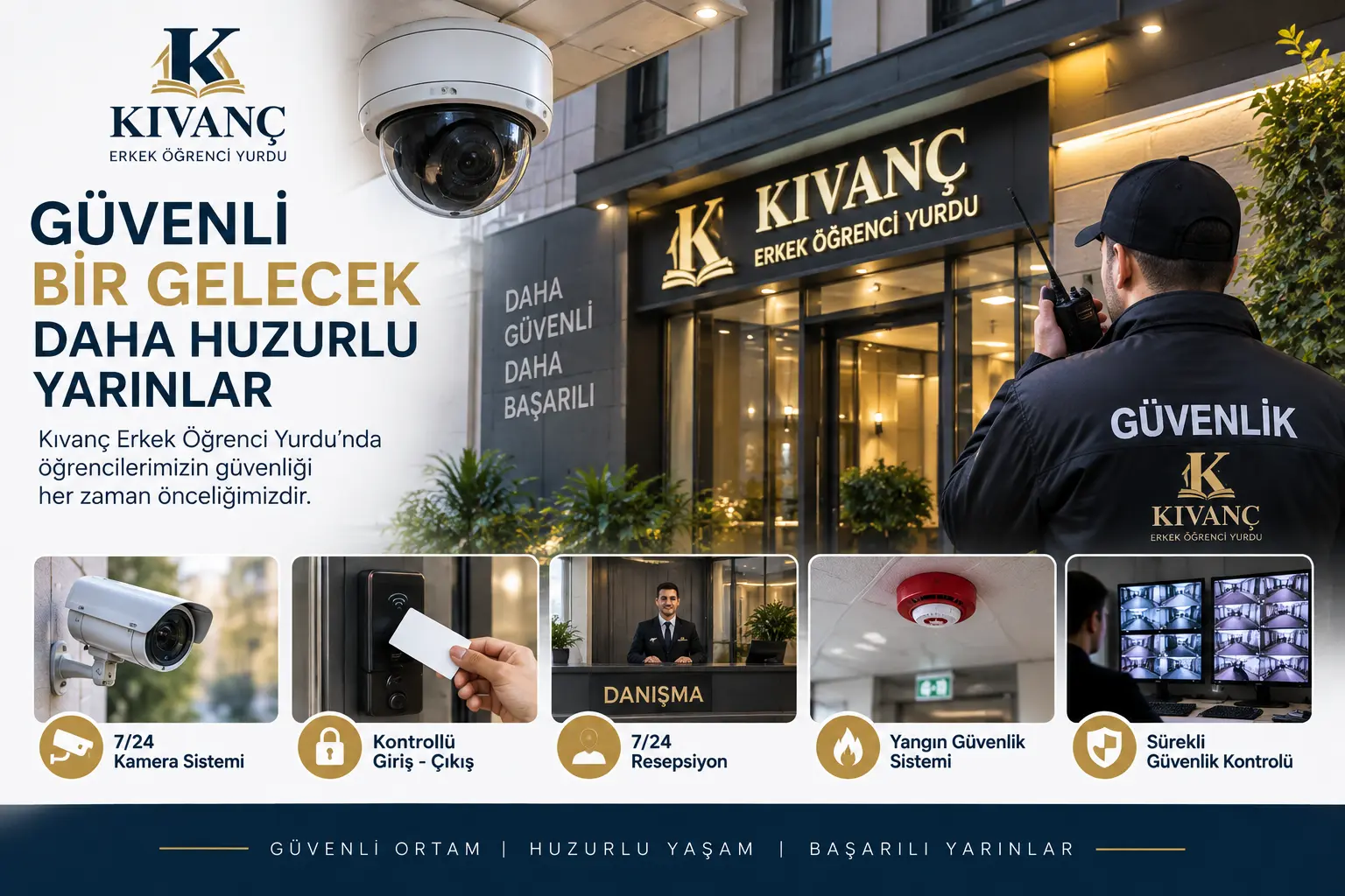 Kıvanç Erkek Öğrenci Yurdu güvenlik sistemi: kamera, kartlı geçiş, 7/24 güvenlik